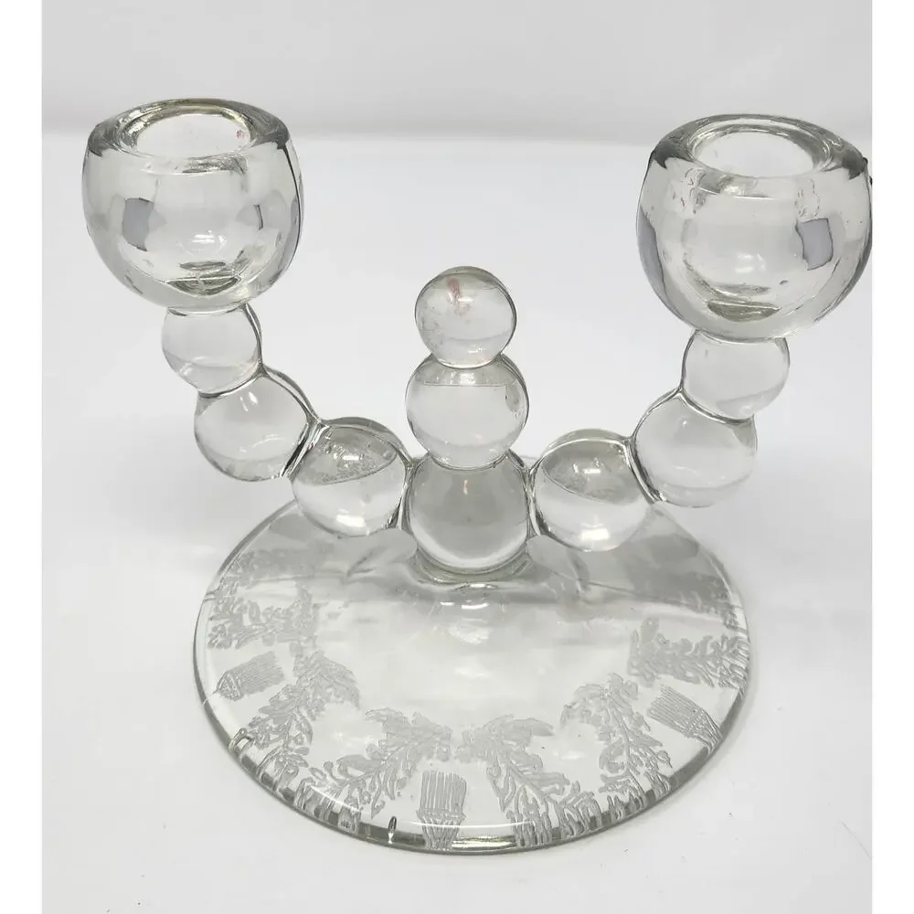 Vintage Double Candlestick Holder | Paden City Glass Co | Etched Floral Base